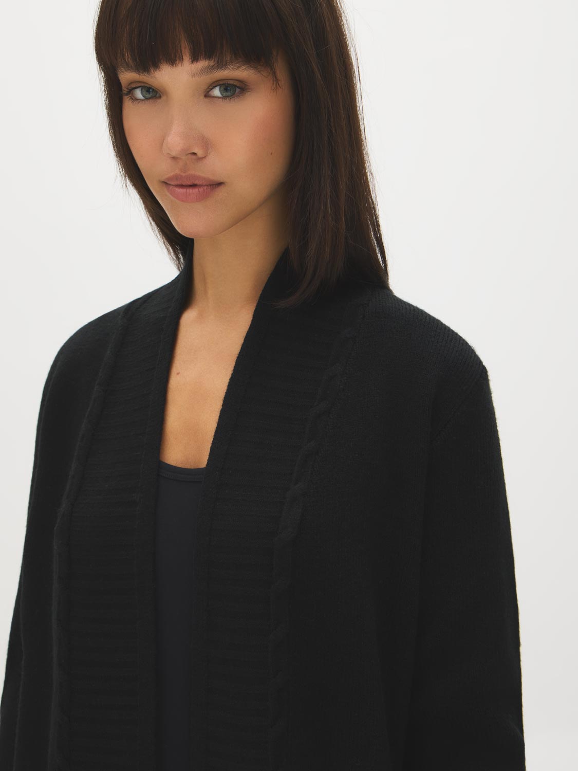 Black Ribbed Knit Duster Sweater - Close-up Fabric Detail - Suzy Shier
