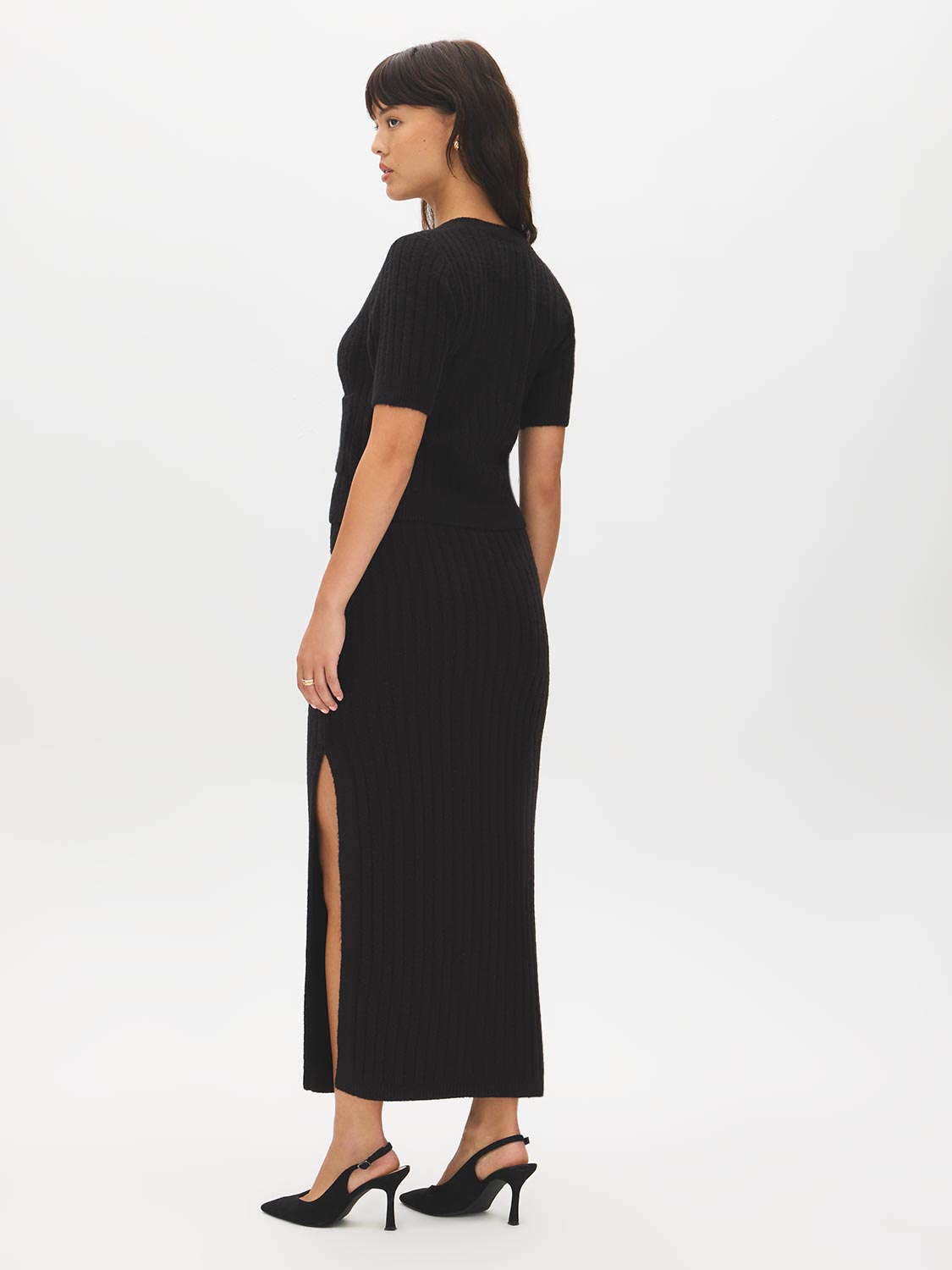 Black Short Sleeve Ribbed Cardigan - Side Profile View - Suzy Shier