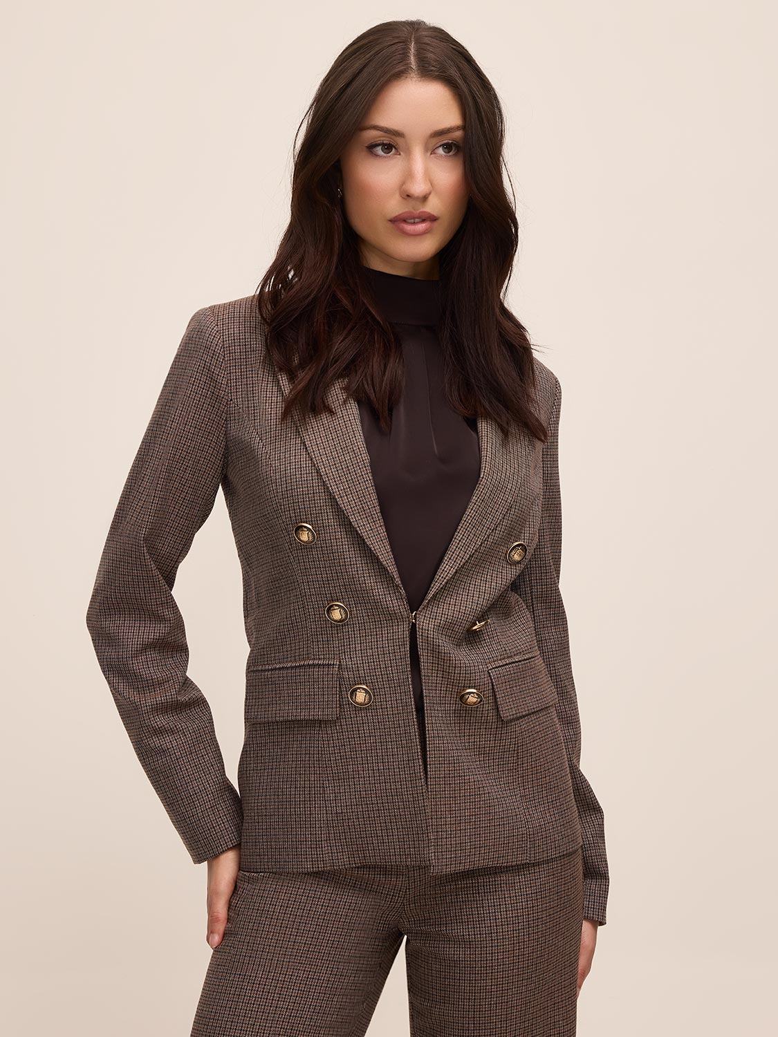 Oatmeal Check Double-Breasted Blazer - Woman Wearing Tailored Woven Jacket - Le Chateau