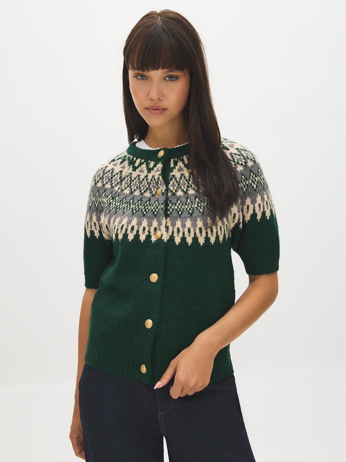 Forest Biome Short Sleeve Raglan Knit Cardigan - Woman Wearing Button Front Sweater - Suzy Shier