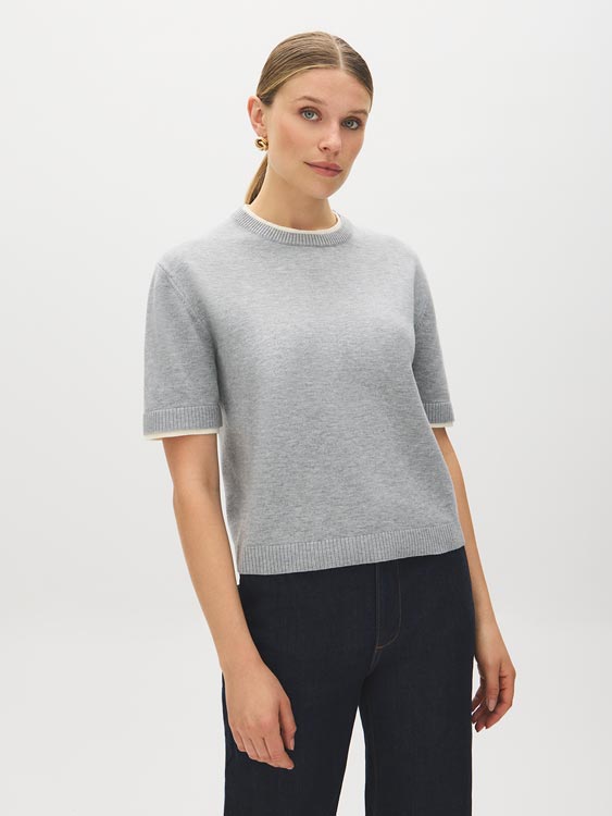 Grey Mix Double Layer Knit Sweater Tee - Woman Wearing Short Sleeve Sweater with Layered Neck and Sleeve Detail - Suzy Shier