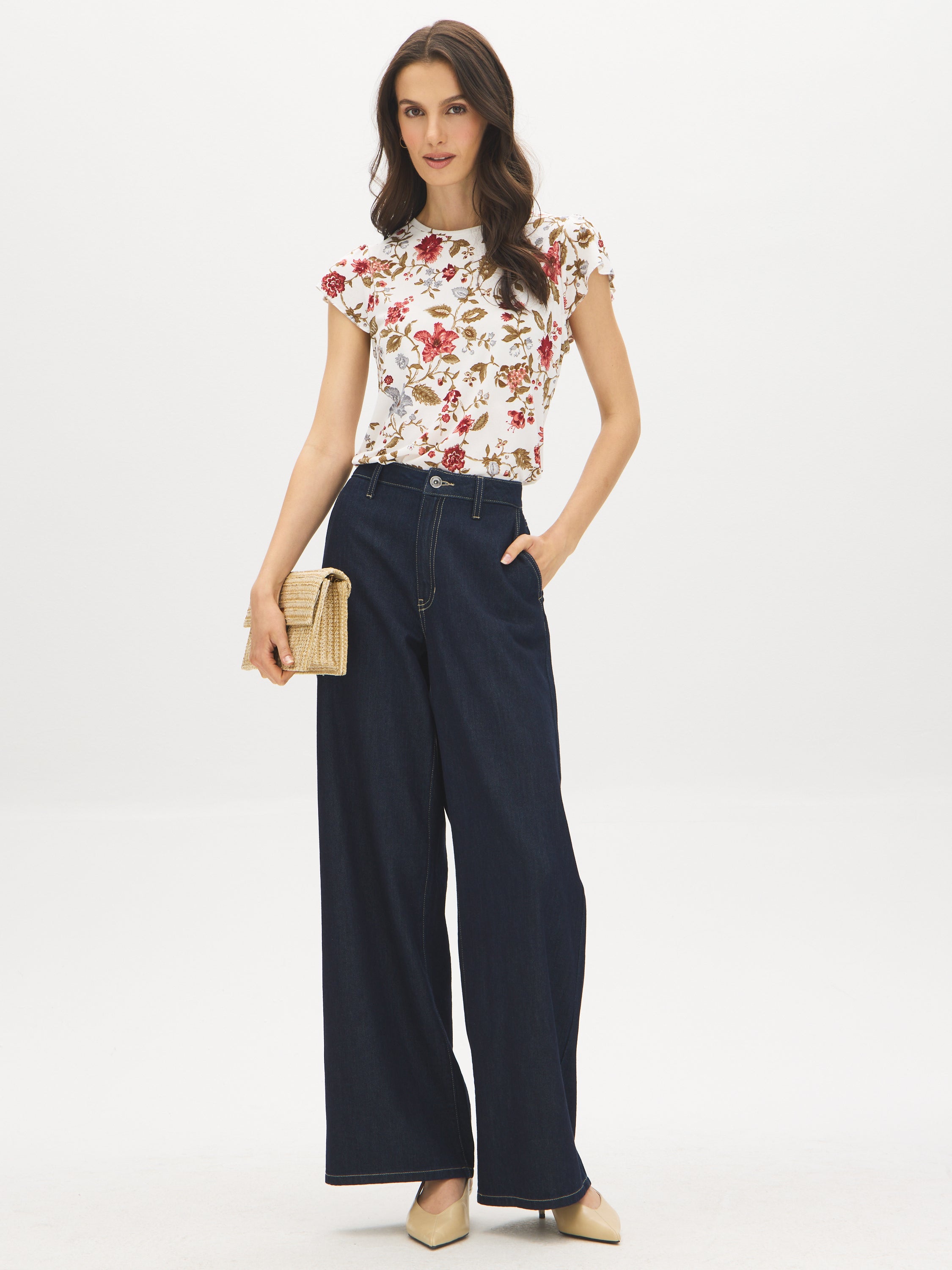 Snow White Floral Knit Top with Ruffle Sleeves - Front View - Suzy Shier
