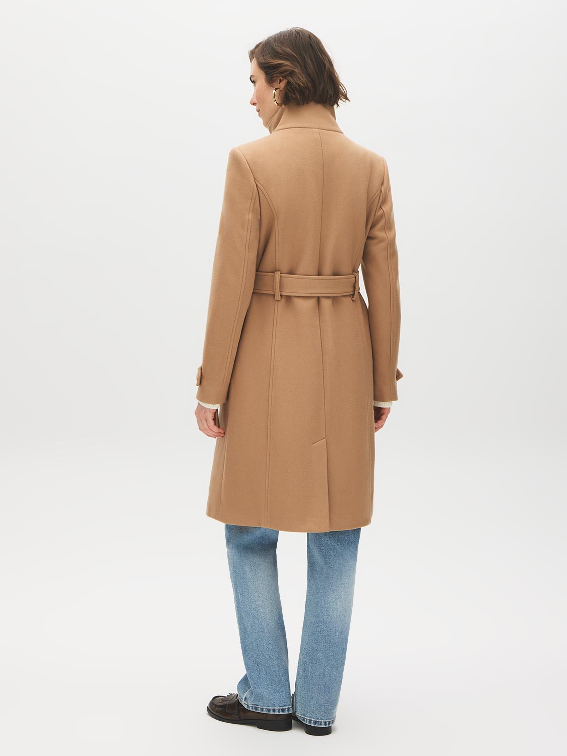 Camel Faux Wool Funnel Neck Coat with Wrap Belt - Back View - Suzy Shier