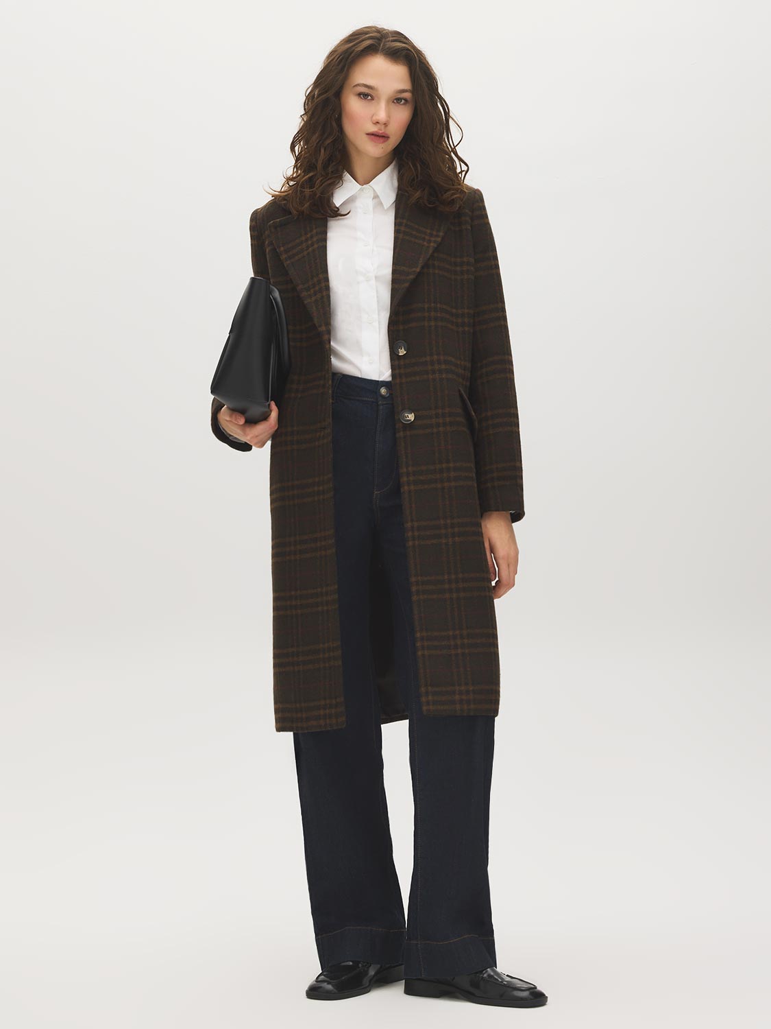 Plaid Brown Faux Wool Single-Breasted Coat - Full Front View with Accessory - Suzy Shier
