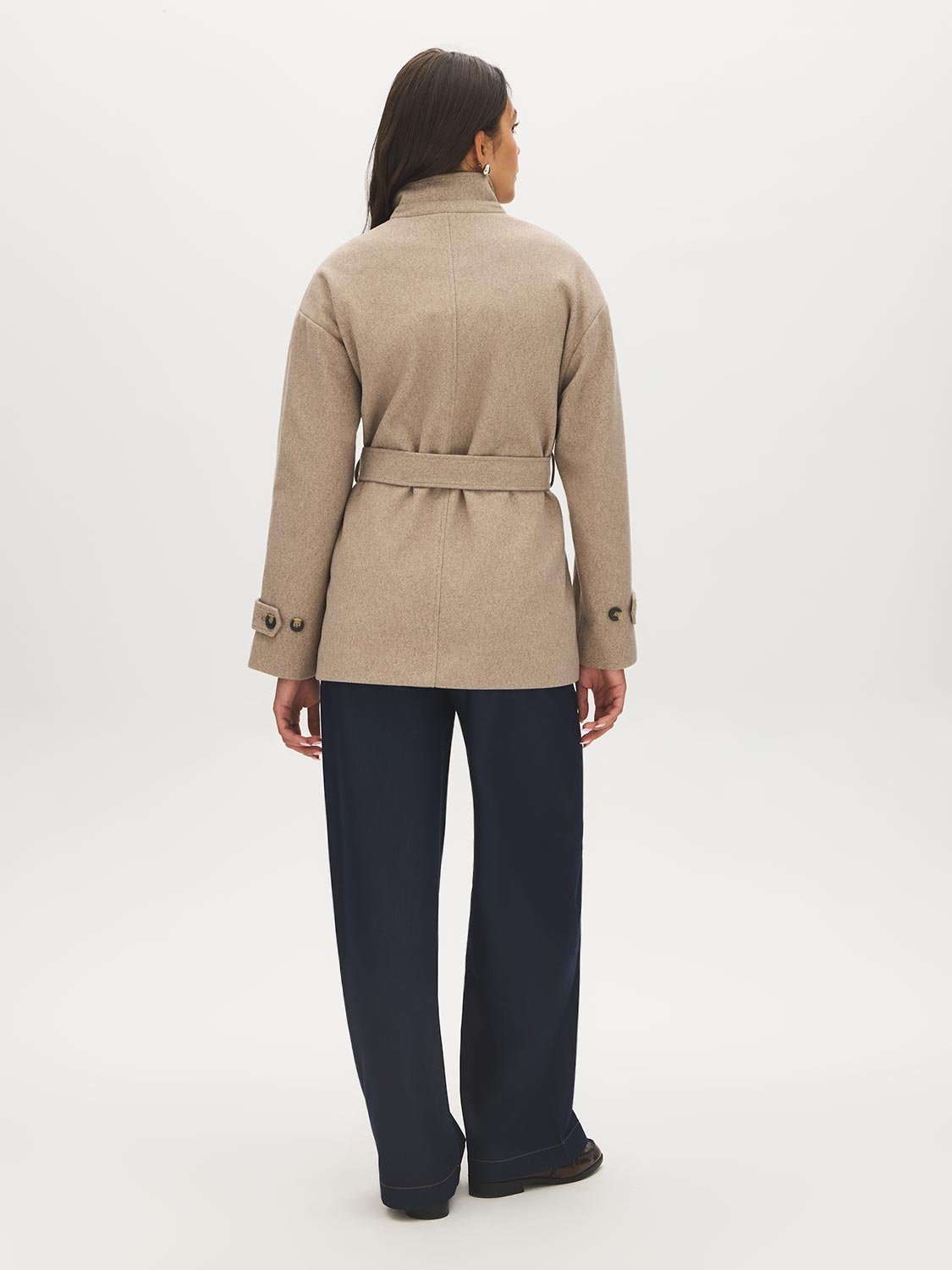 Taupe Melange Faux Wool Short Wrap Coat with Funnel Neck - Back View - Suzy Shier