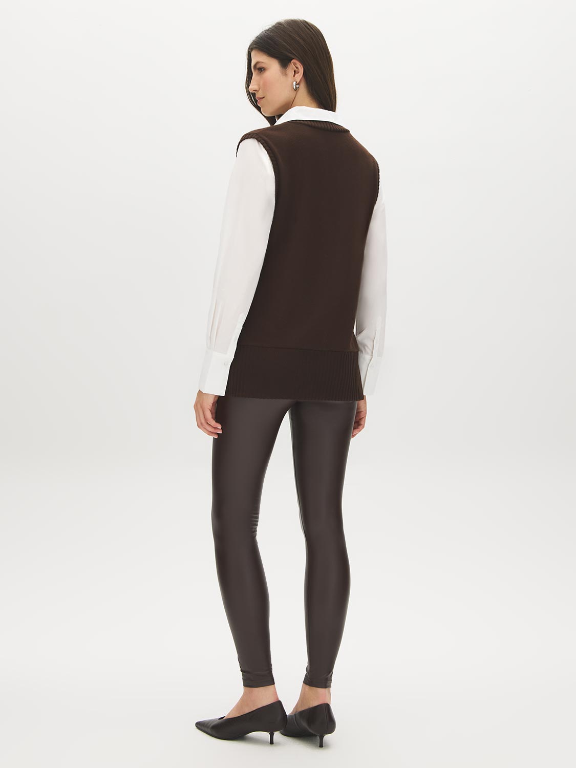 Coffee Bean Melange Hacci Knit 2fer Top with Poplin Sleeves - Back View - Suzy Shier