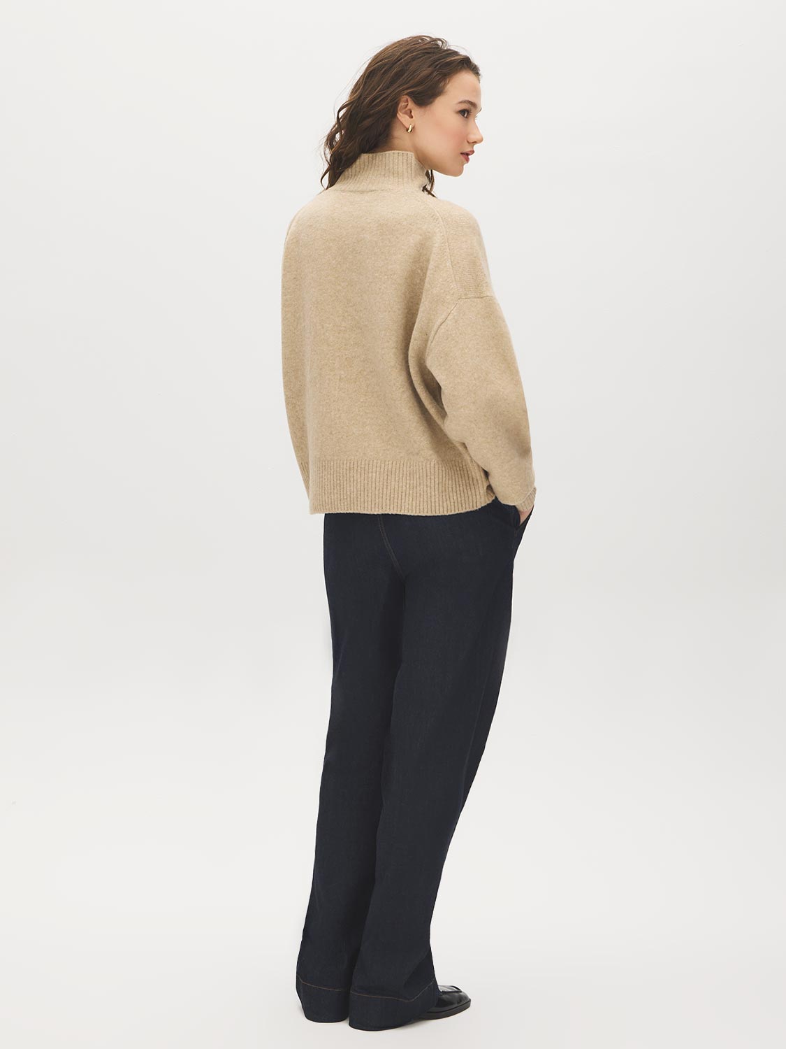 Fancy Beige Melange Mock Neck Knit Sweater - Back View - Suzy Shier