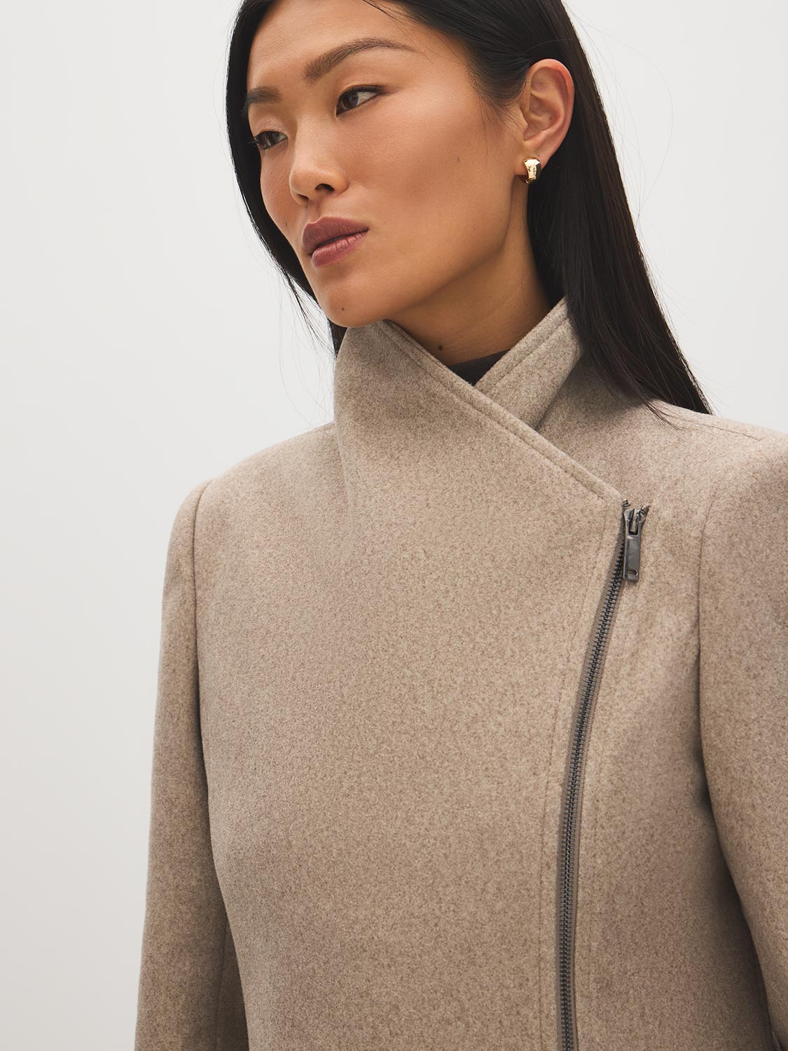 Taupe Melange Asymmetrical Zip Faux Wool Coat - Close-up Collar Detail - Suzy Shier