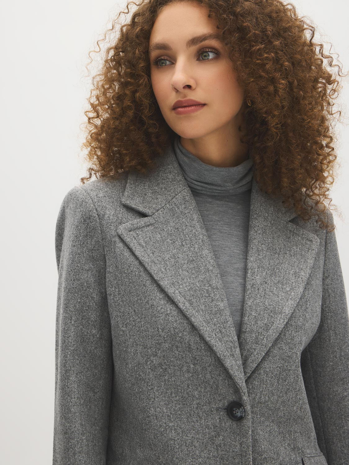 Mid Grey Melange Single-Breasted Faux Wool Coat - Close-up Fabric Detail - Suzy Shier