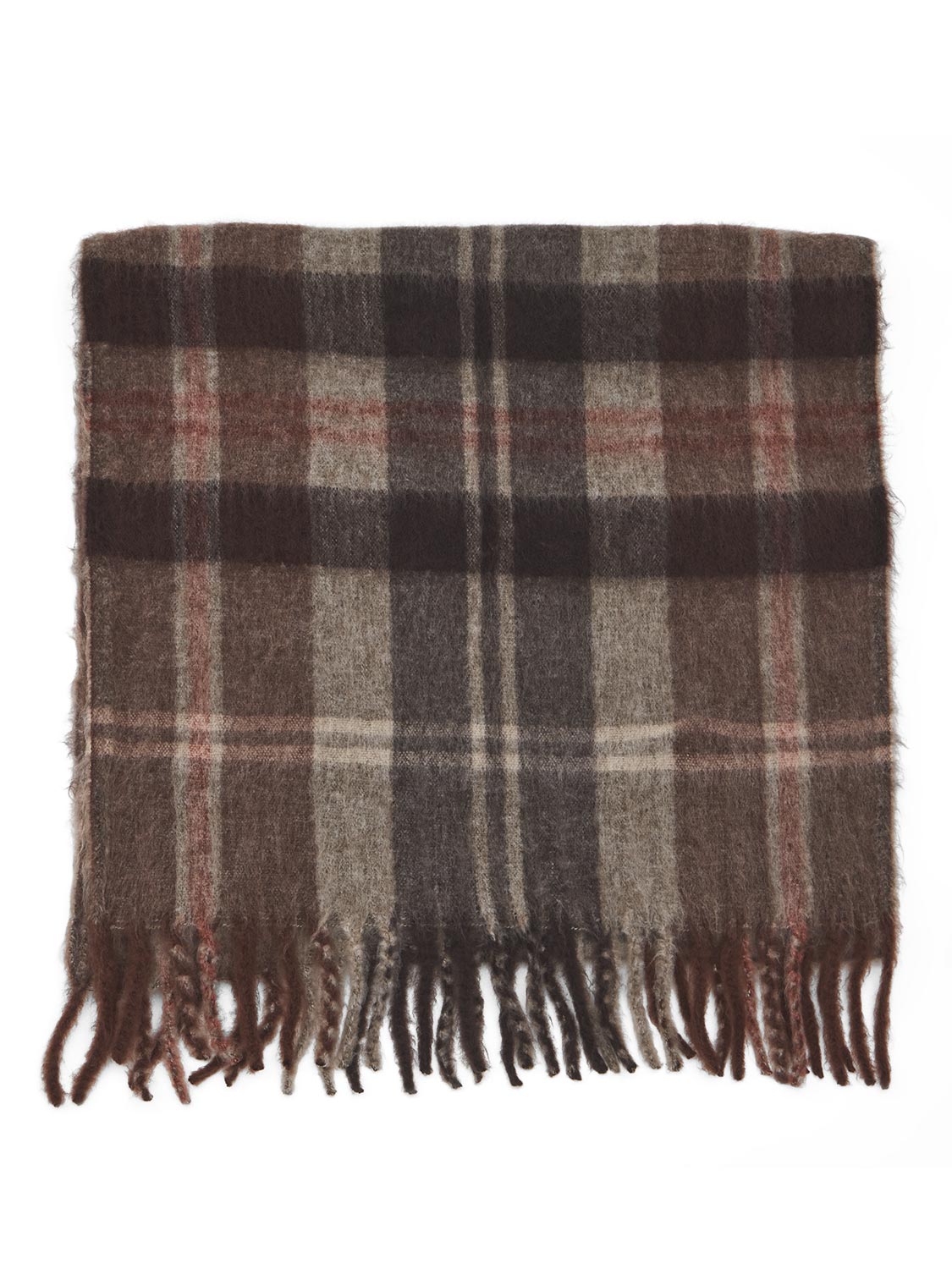 Brown Plaid Brushed Scarf with Fringes - Front View - Suzy Shier