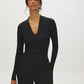 Jet Black Deep V-Neck Ribbed Knit Top - Woman Wearing Long Sleeve Stretch Top - Suzy Shier