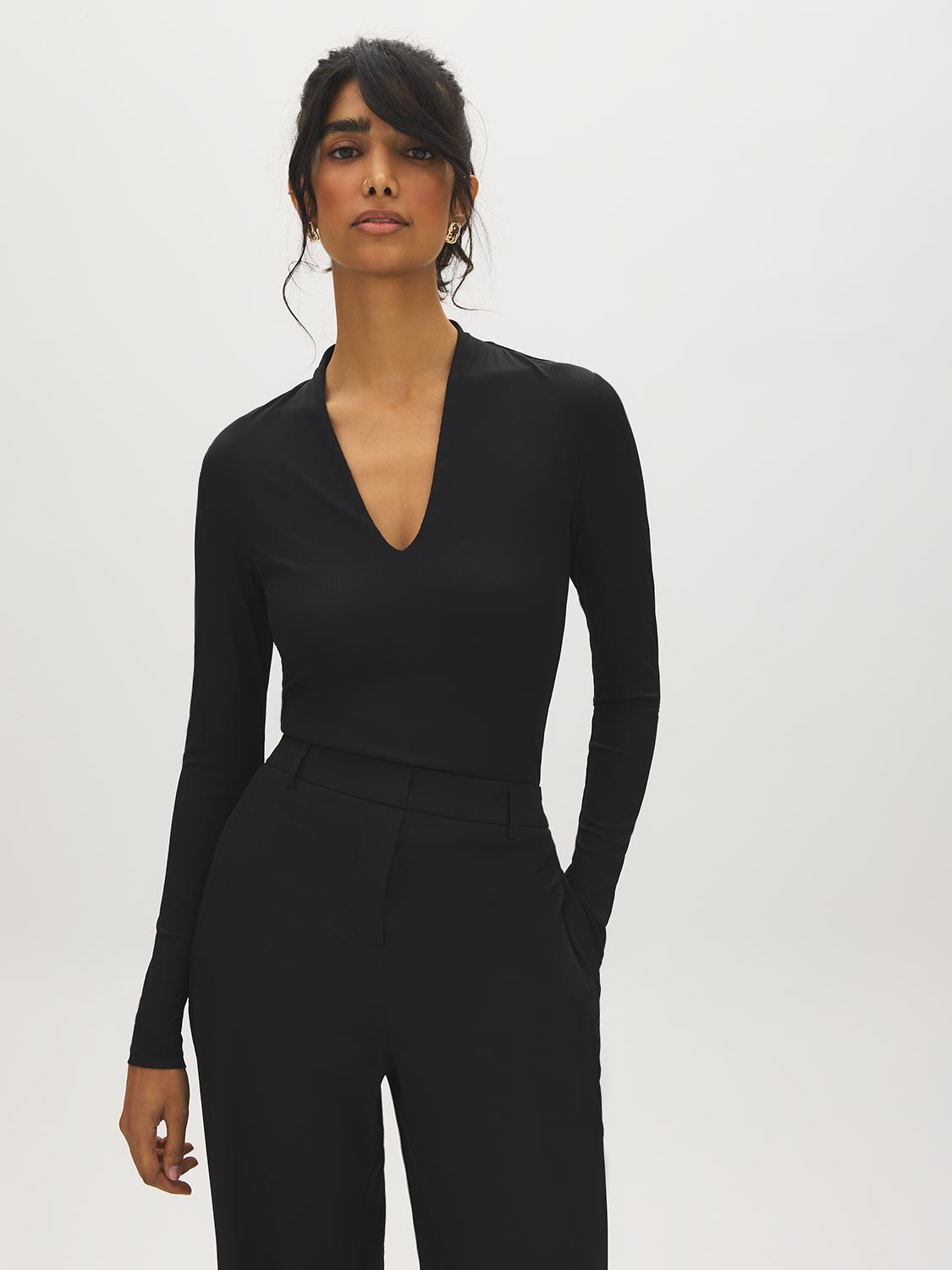 Jet Black Deep V-Neck Ribbed Knit Top - Woman Wearing Long Sleeve Stretch Top - Suzy Shier