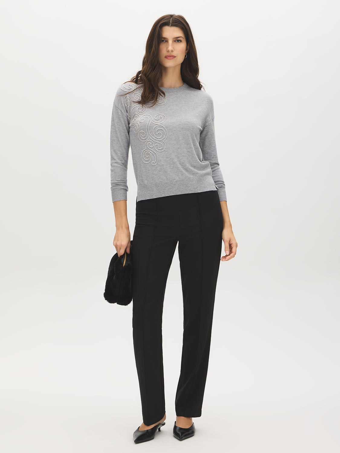 Light Grey Bead Embellished Knit Sweater - Front View - Suzy Shier