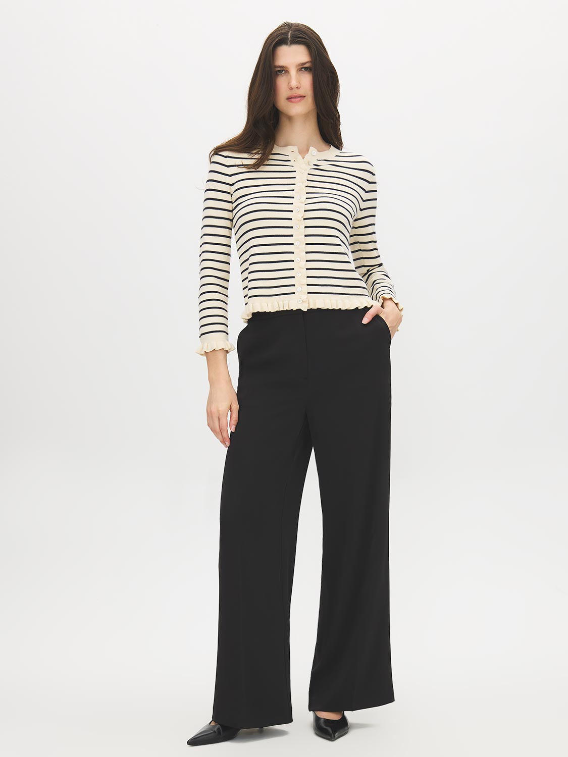Beige/Navy Ruffle Detail Knit Cardigan - Woman Wearing Striped Cardigan with Ruffles - Suzy Shier