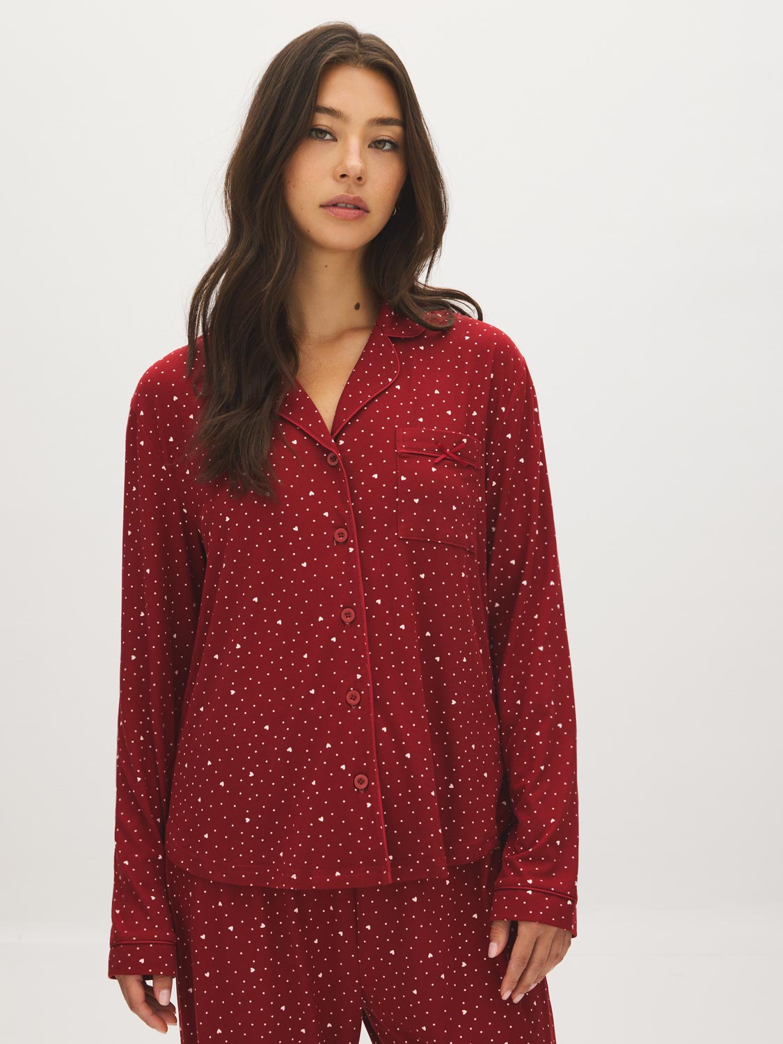 Winery Dots and Hearts Print PJ Set - Front View - Suzy Shier