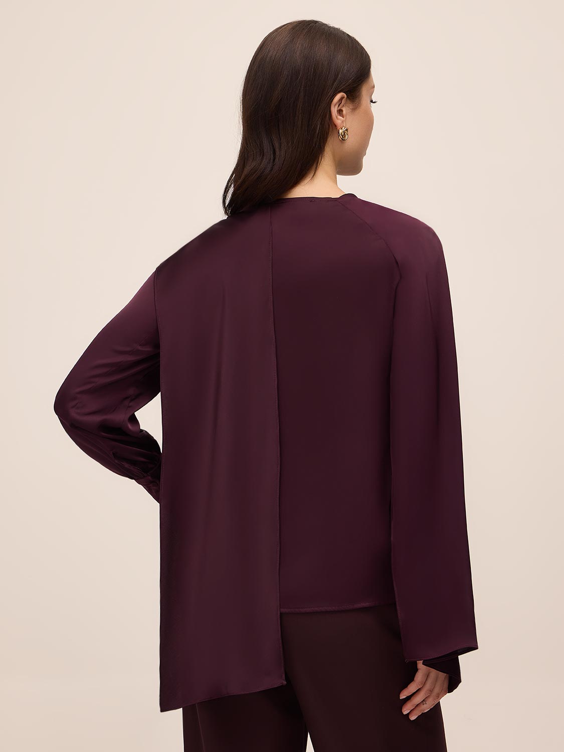 Eggplant Satin Scarf Neck Blouse - Back View - Le Chateau