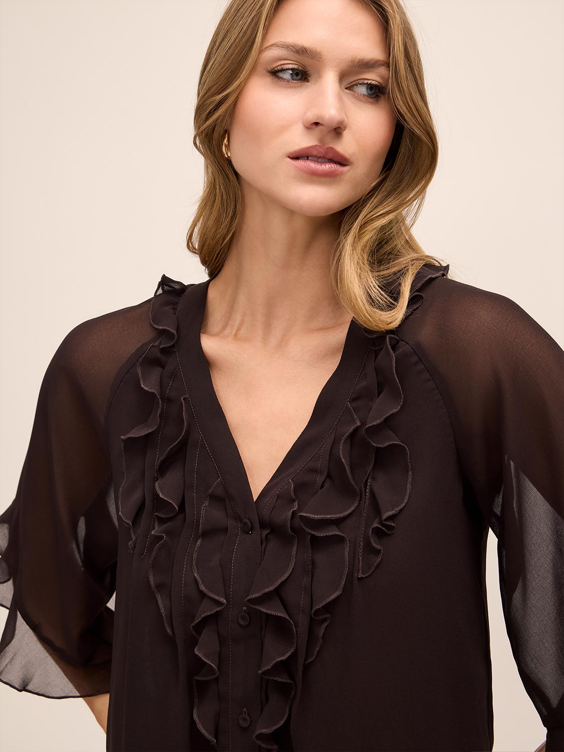 Chestnut Ruffle Short Sleeve Blouse - Front Detail - Le Chateau