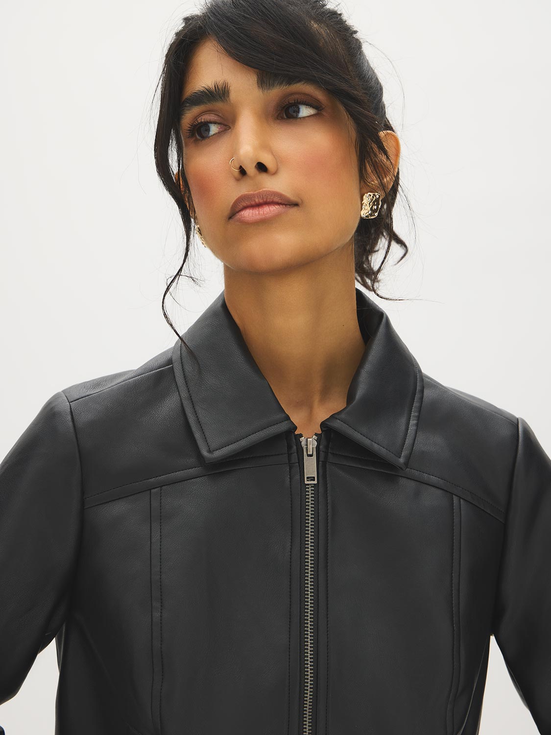 Black Vegan Leather Shorts with Front Zipper - Close-up Collar Detail - Suzy Shier