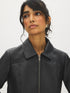 Black Vegan Leather Shorts with Front Zipper - Close-up Collar Detail - Suzy Shier