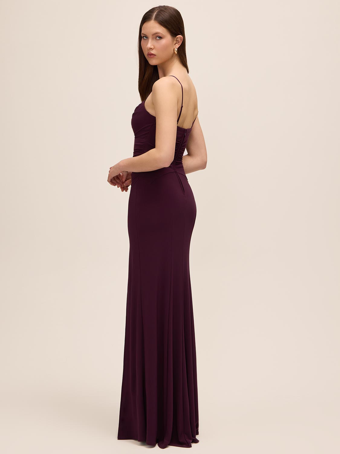 Black Cherry Cowl Neck Gown with Front Slit - Side Profile View - Le Chateau
