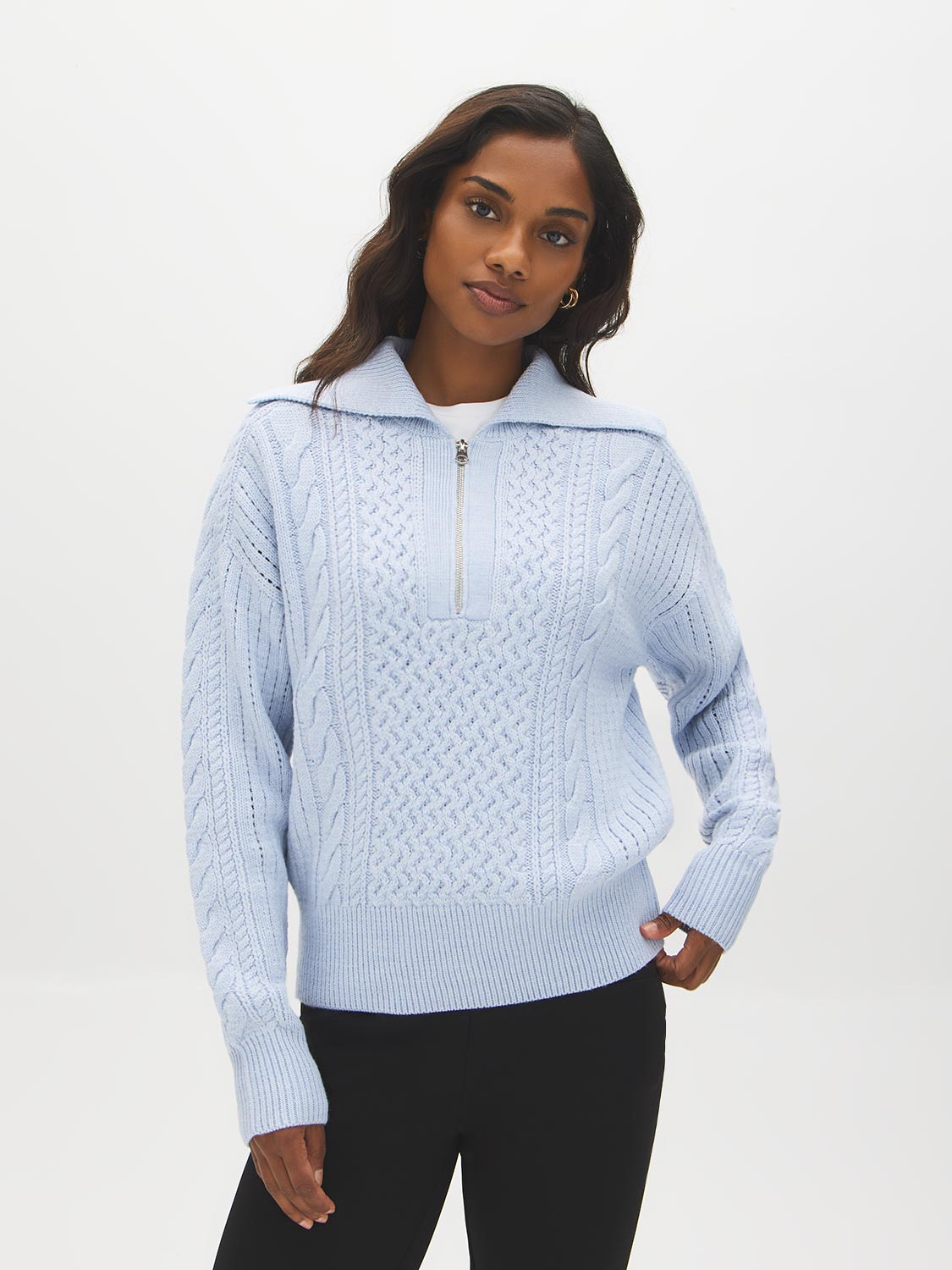 Sky Melange Quarter Zip Cable Knit Sweater - Woman Wearing Cable and Ribbed Knit Top - Suzy Shier