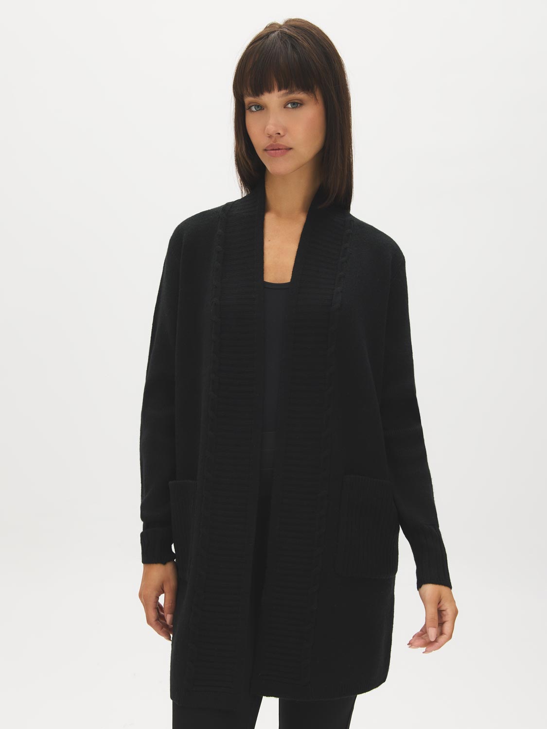 Black Ribbed Knit Duster Sweater - Woman Wearing Longline Open-Front Cardigan - Suzy Shier