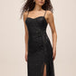 Black Sequin Mesh Gown with Bustier Upper - Front View - Le Chateau