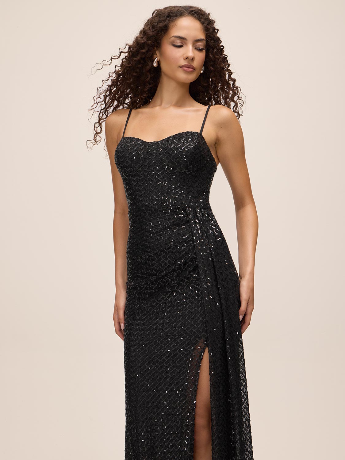 Black Sequin Mesh Gown with Bustier Upper - Front View - Le Chateau