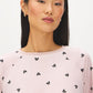 Cloud Gray Velour Bows Print PJ Set - Close-up Neckline Detail - Suzy Shier