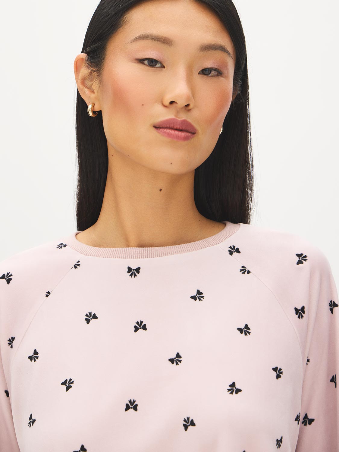 Cloud Gray Velour Bows Print PJ Set - Close-up Neckline Detail - Suzy Shier