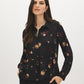 Black Floral Printed Peplum Blouse with Drawstring Waist - Woman Wearing Button Front Top - Suzy Shier