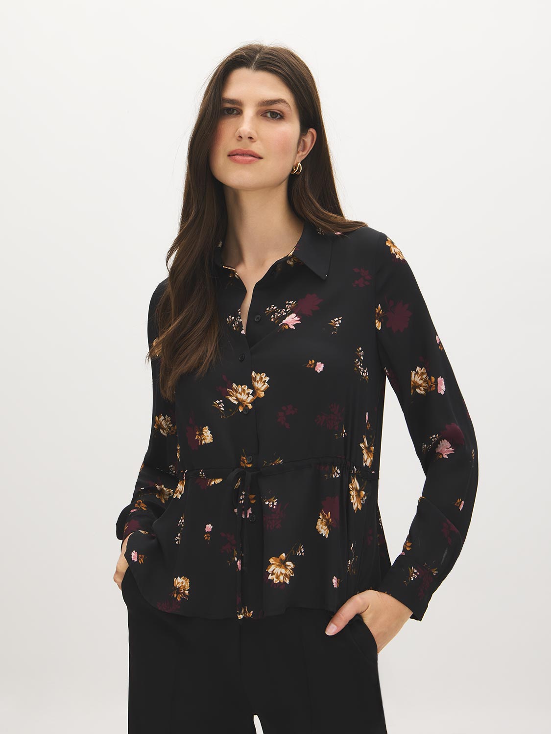 Black Floral Printed Peplum Blouse with Drawstring Waist - Woman Wearing Button Front Top - Suzy Shier