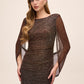 Bronze Metallic Crinkle Knit Gown with Cape - Side Profile View - Le Chateau