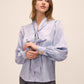 Steel Blue Floral Damask Tie Neck Bow Blouse - Front View - Le Chateau