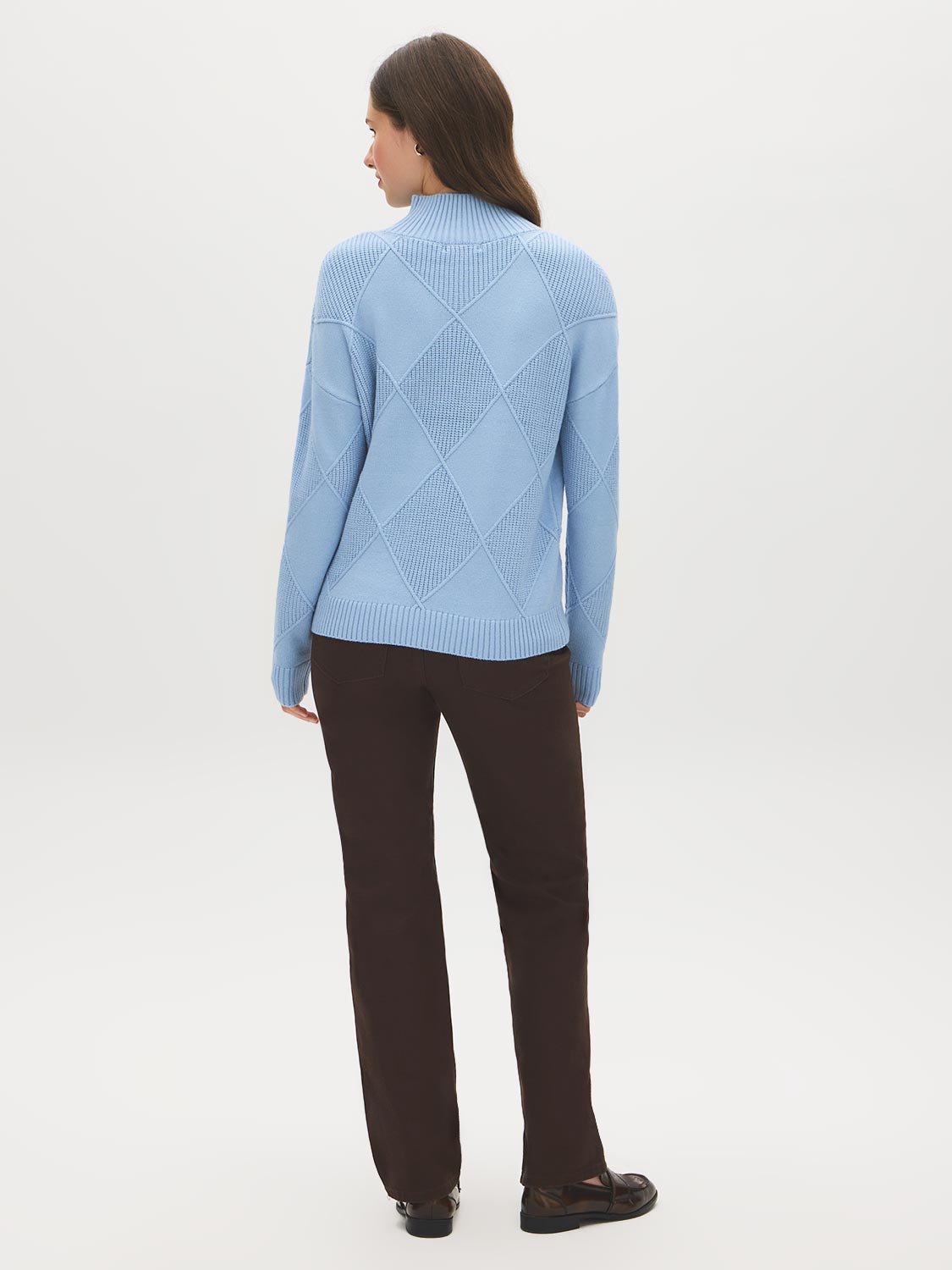 Soft Blue Mock Neck Sweater with Diamond Pattern - Back View - Suzy Shier