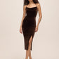 Chocolate Velour Midi Cowl Neck Dress - Woman Wearing Elegant Evening Dress with Wrap Skirt - Le Chateau