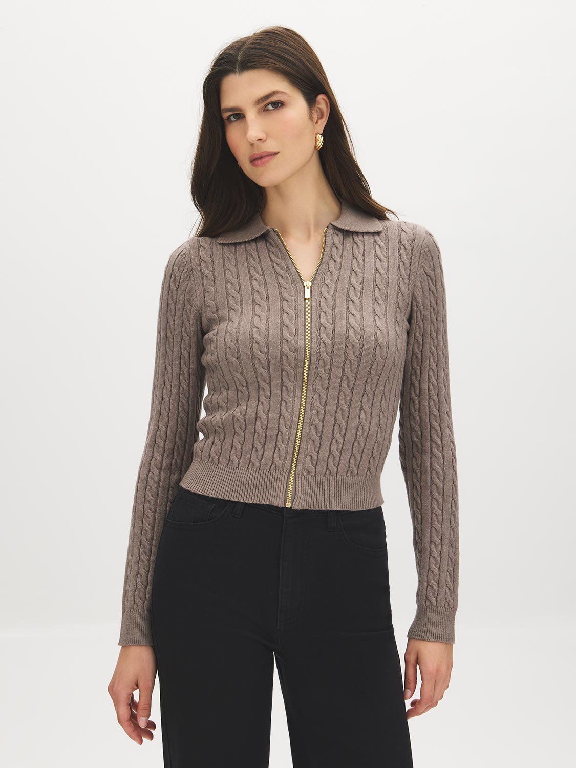 Brown Melange Cable Stitch Zip-Front Sweater - Woman Wearing Textured Knit Top - Suzy Shier