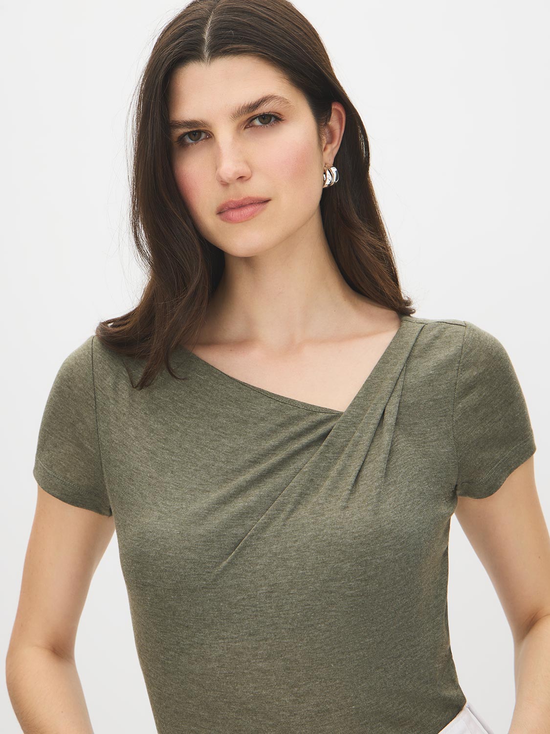 Kalamata Asymmetrical Neck Melange Top - Front View - Suzy Shier