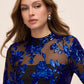 Sapphire/Black Mock Neck Mesh Mini Dress - Close-up Fabric Detail - Le Chateau