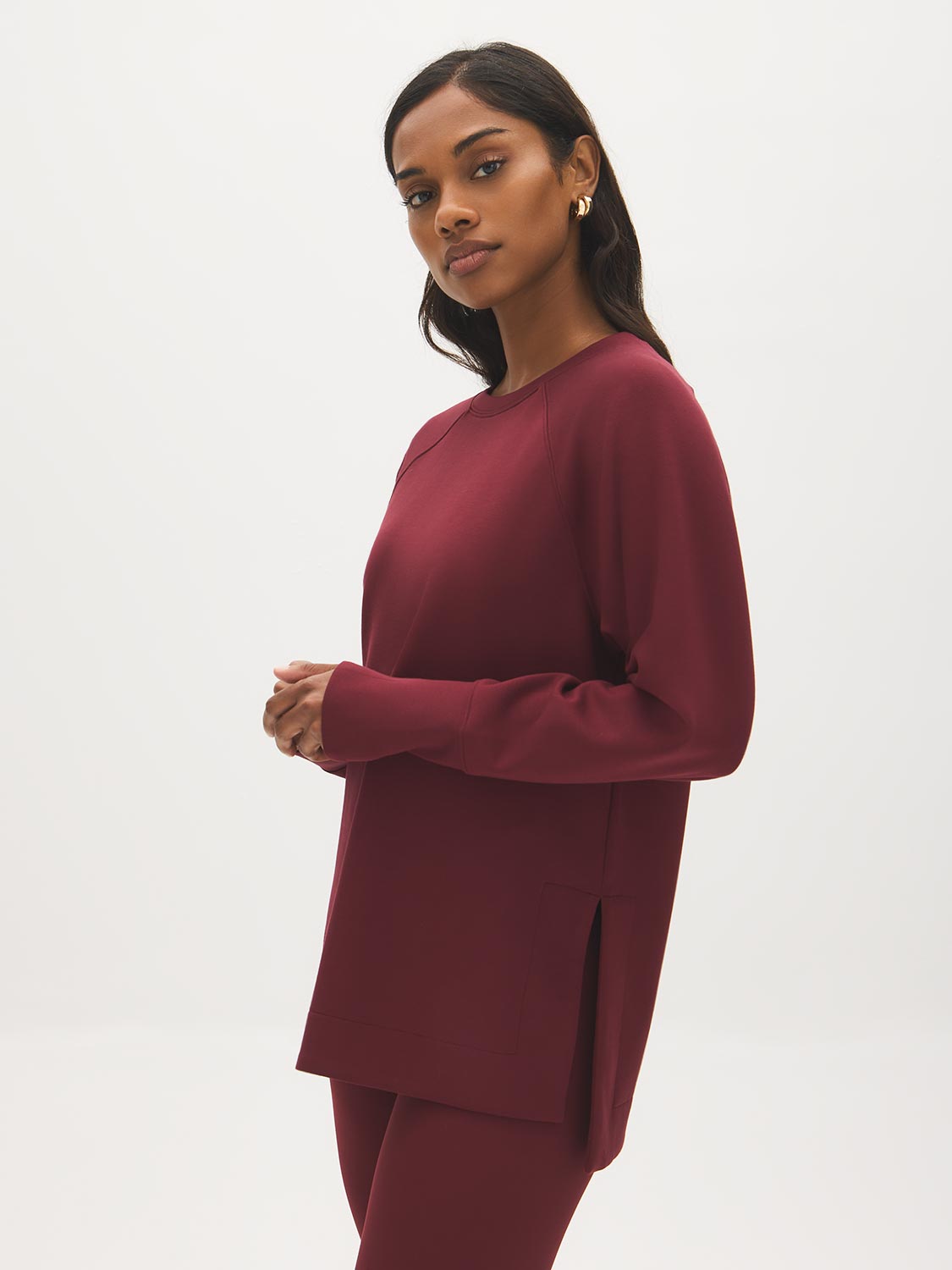 Wine Cloud Fleece Tunic with Raglan Sleeves - Woman Wearing Long Sleeve Crew Neck Top - Suzy Shier