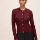 Bordeaux Pointelle Gold Button Cardigan - Woman Wearing Knit Layering Piece - Le Chateau