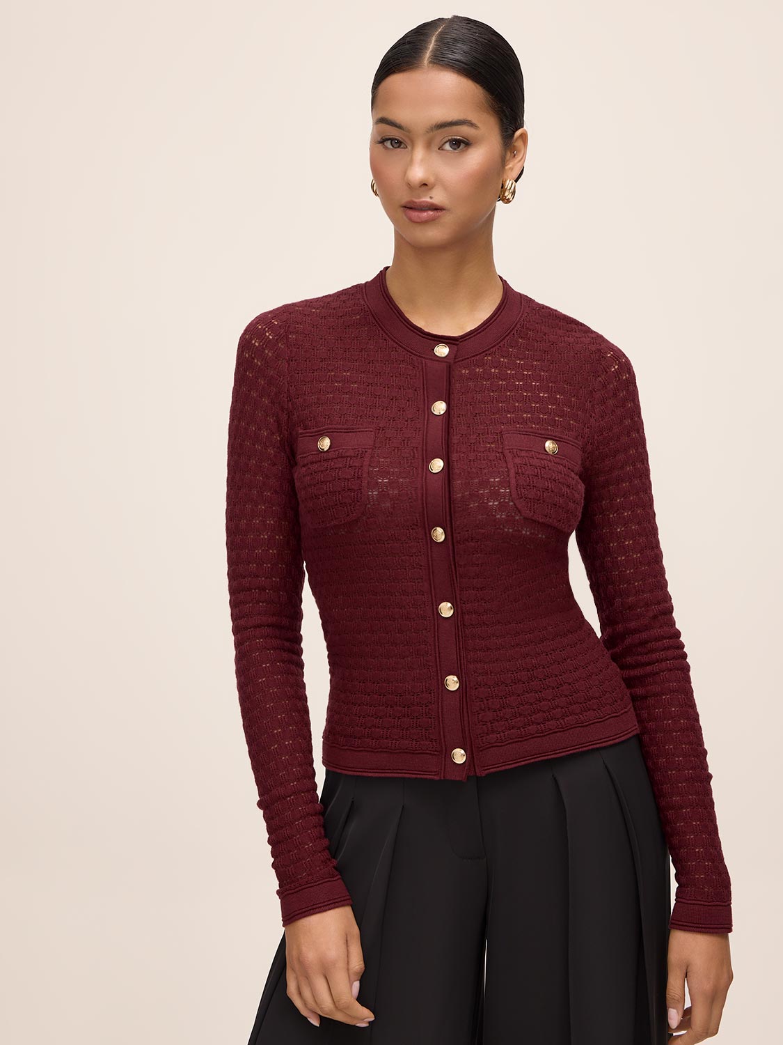 Bordeaux Pointelle Gold Button Cardigan - Woman Wearing Knit Layering Piece - Le Chateau