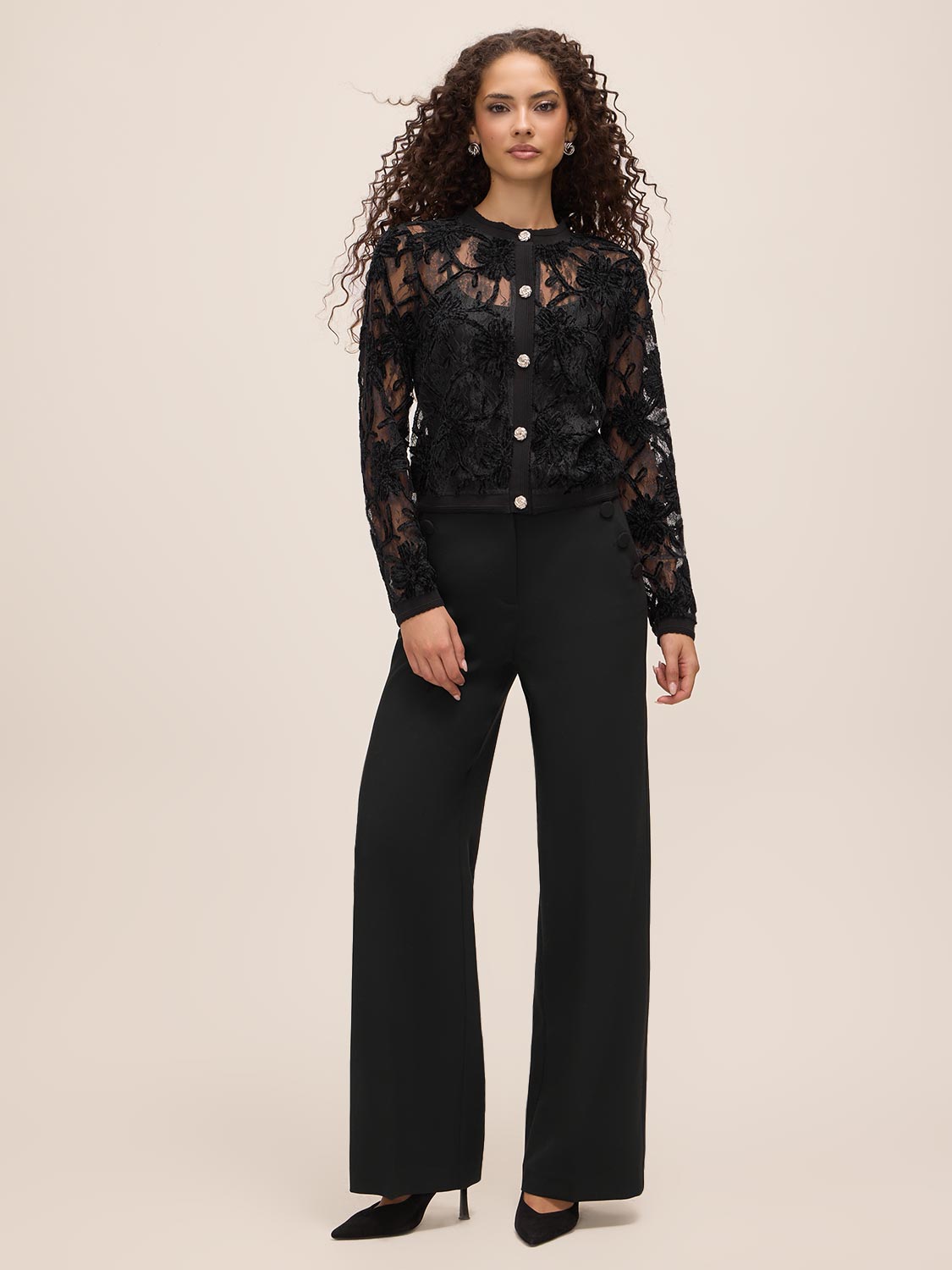 Black Chenille Soutache Lace Cardigan - Front View - Le Chateau