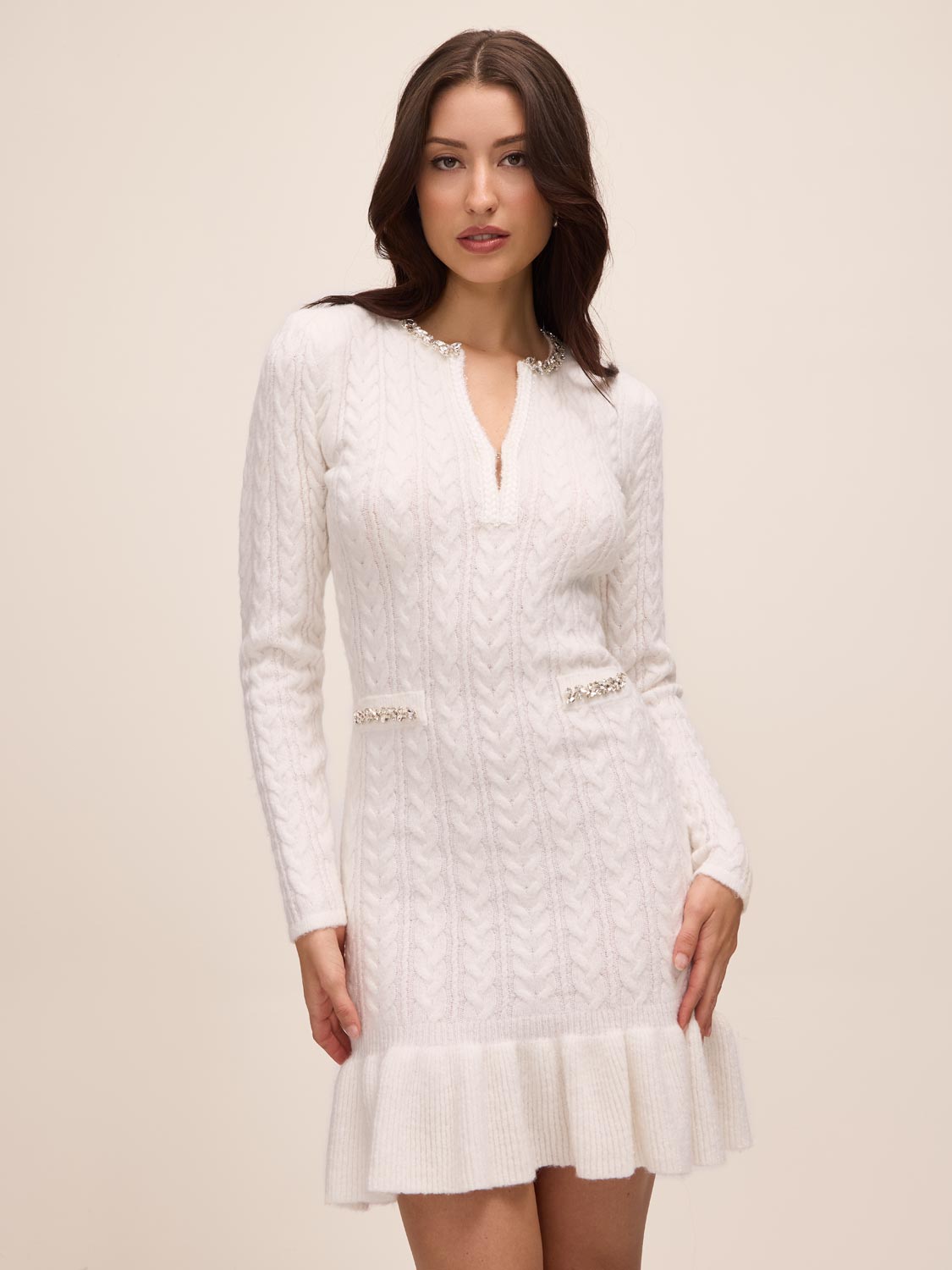 Antique Cream Cable Knit Sweater Mini Dress - Front Profile View - Le Chateau