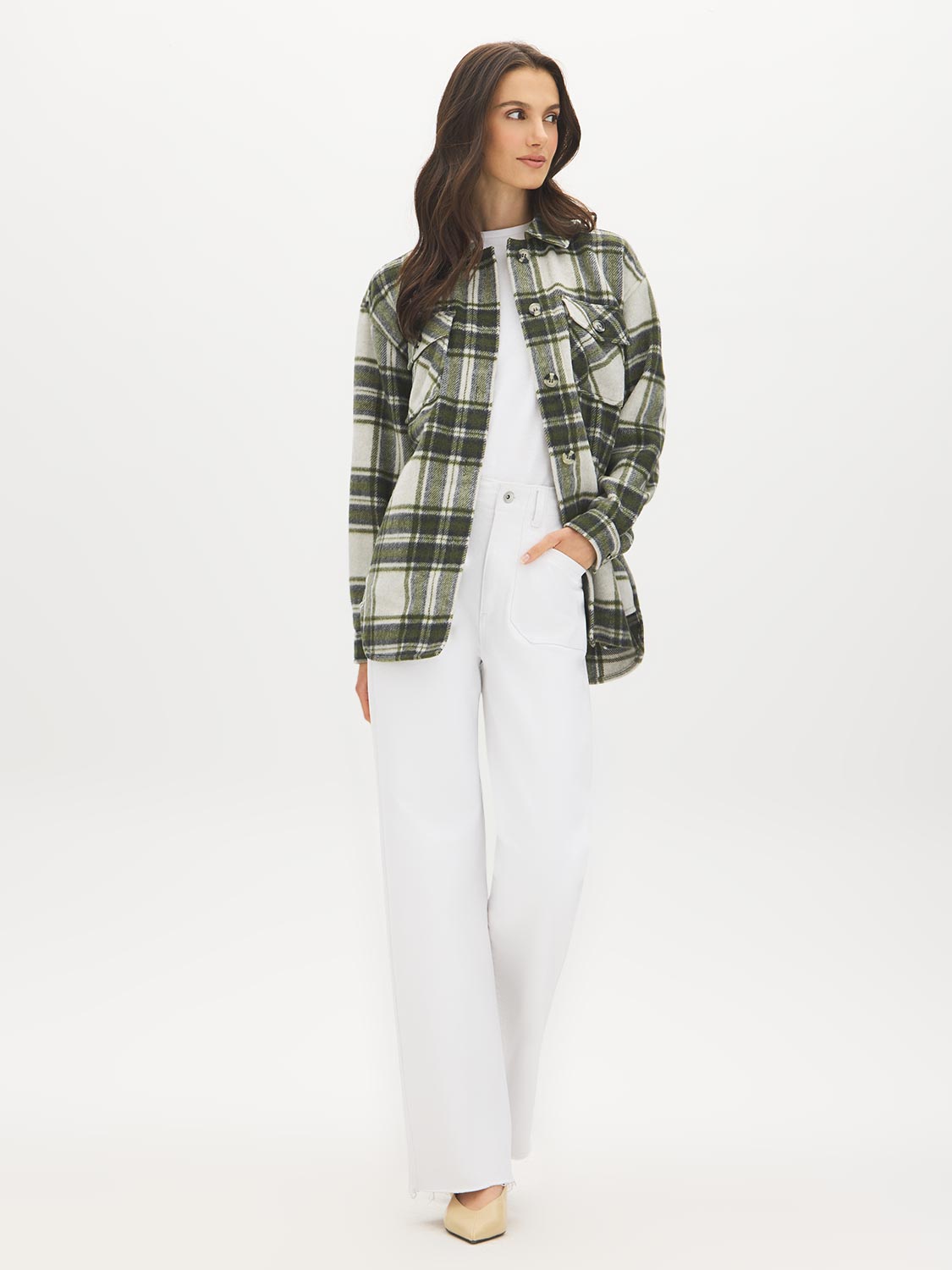 Khaki Plaid Shacket with Front Pockets - Front View - Suzy Shier