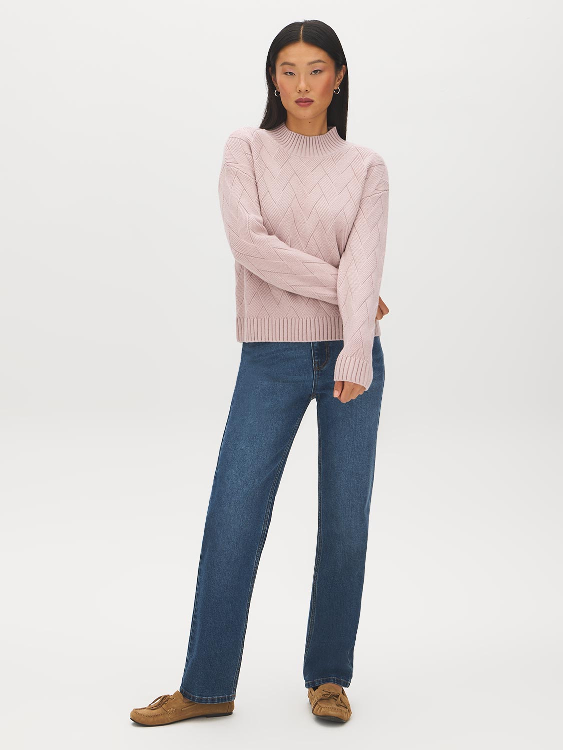 Pink Diagonal Stitch Mock Neck Sweater - Front View - Suzy Shier