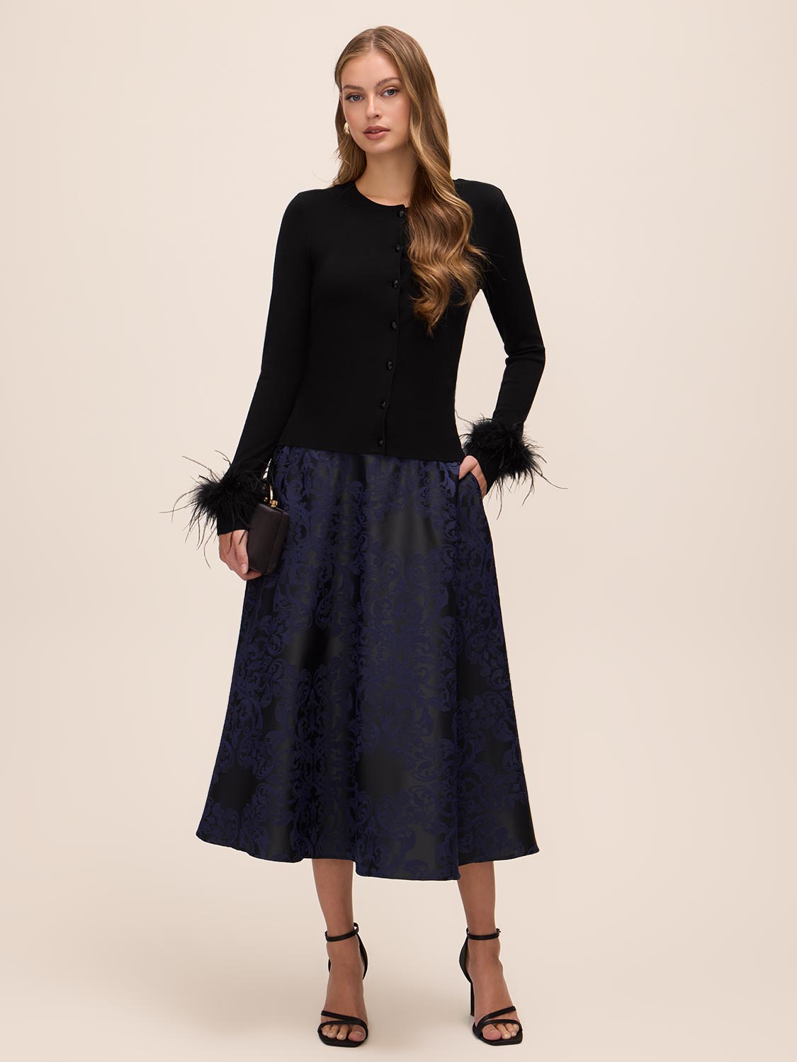 Black Feather Cuff Cardigan - Front View - Le Chateau