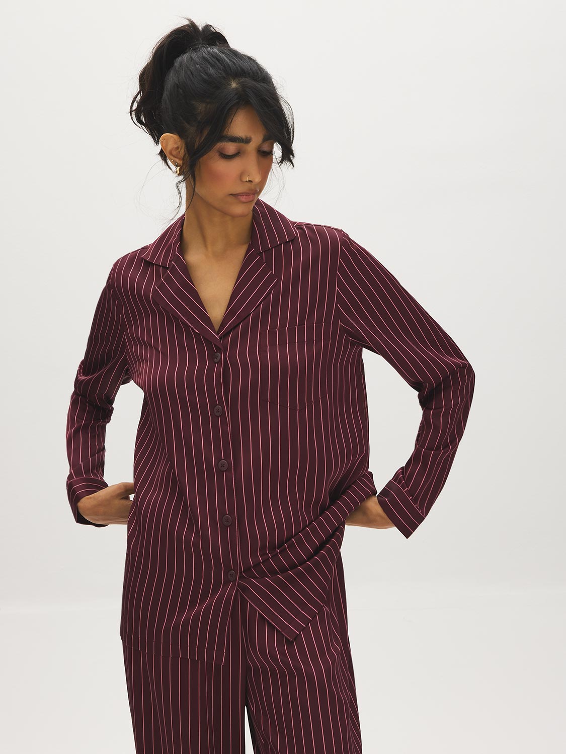 Burgundy Striped Satin Pajama Set - Side Profile View - Suzy Shier