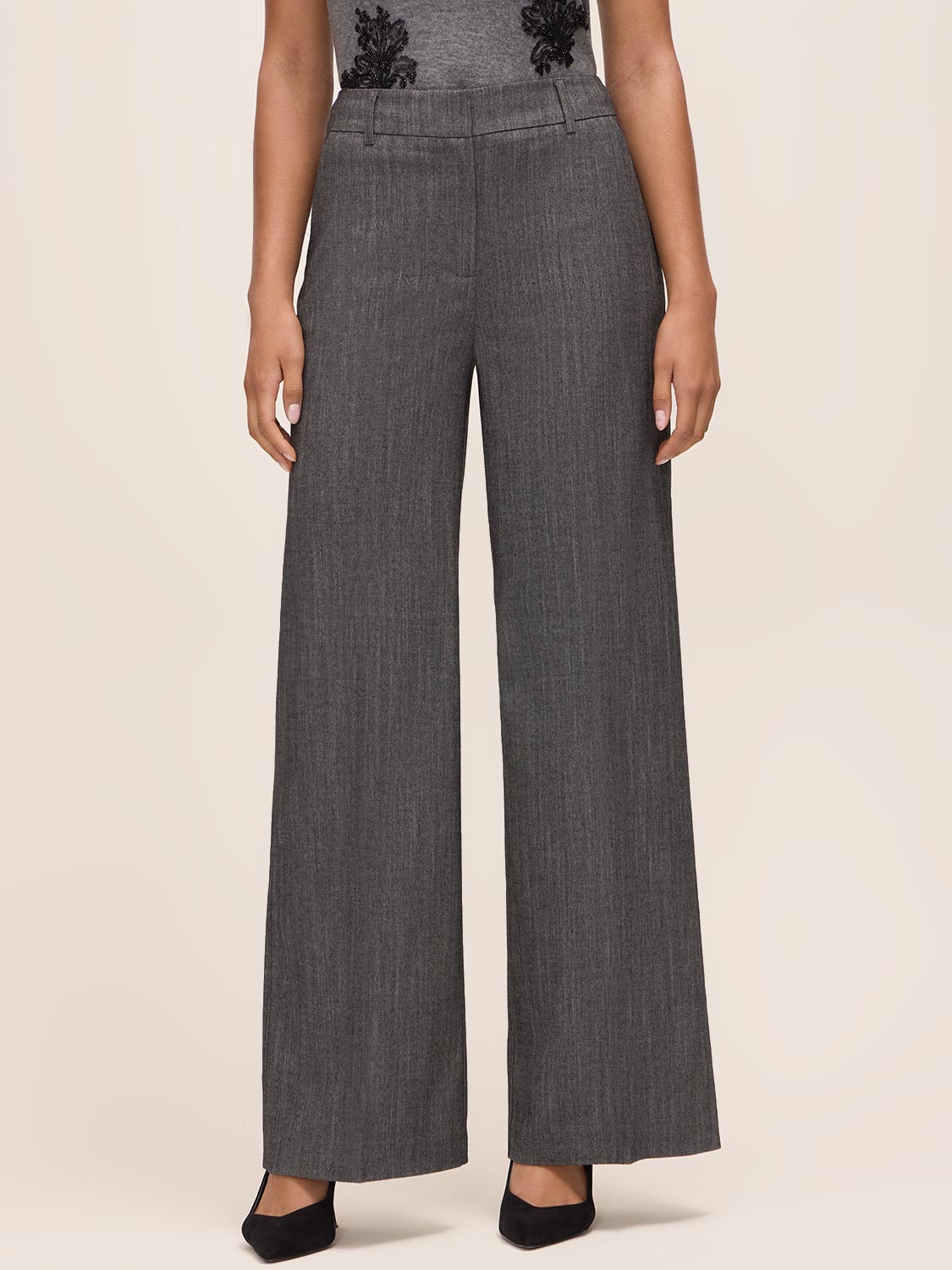 Charcoal Herringbone Wide Leg Pant - Close-up Front View - Le Chateau