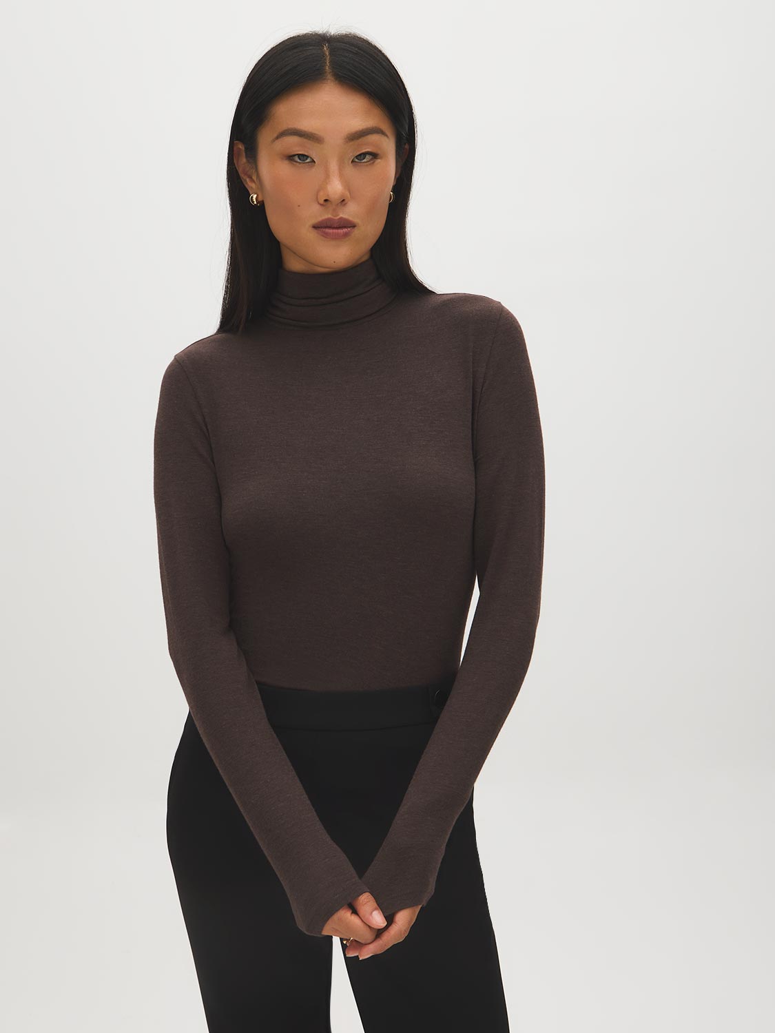 Black Long Sleeve Turtleneck Jersey Top - Front View - Suzy Shier